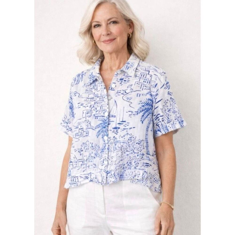 Calypso St Barth White and Blue Linen Blend Scenic Print Cityscape Crop Top